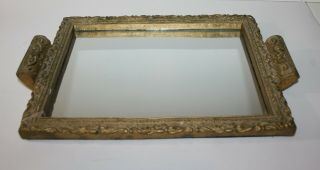 Antiqued Gold Decorative Framed Mirrored Vanity Tray With Handles 14.  5 " X 10 "
