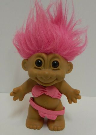 Vintage Russ 8 " Girl Troll Doll In Hot Pink Bikini Swimsuit With Fushia Hair