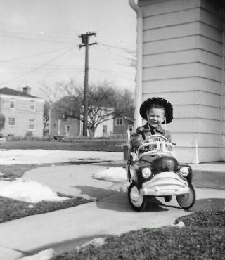 Little Cowboy With Pedal Car - 1940s Vintage Snapshot Photo