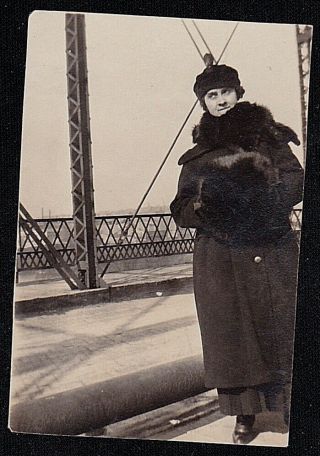 Vintage Antique Photograph Woman Wearing Fur And Holding Muff On Bridge