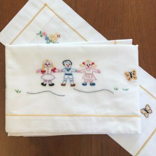 Vtg Hand Embroidered Baby Crib Flat Sheet & Pillowcase Bunny Motorbike Butterfly