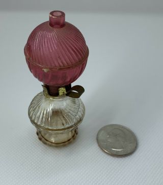 Vintage Novelty Miniature Perfume Bottle W/ Gwtw Pink Red Shade Oil Lamp 3” Tall