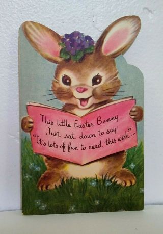 Vtg Easter Greeting Card Bunny Reading A Book M.  Cooper? Rust Craft 1950s