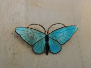 Vintage Pale Blue Black Guilloche Enamel Butterfly Brooch Petite Estate Pin