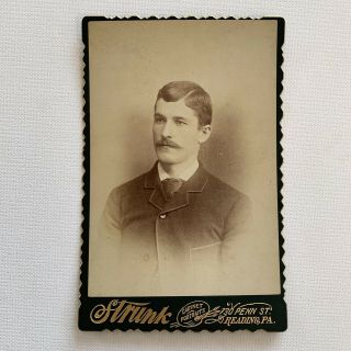 Antique Cabinet Card Photo Handsome Young Man Mustache Suit Gay Int Reading Pa