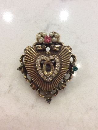 Vintage Coro Heart Brooch With Pearls And Rhinestones Gold Tone,  Missing Stones