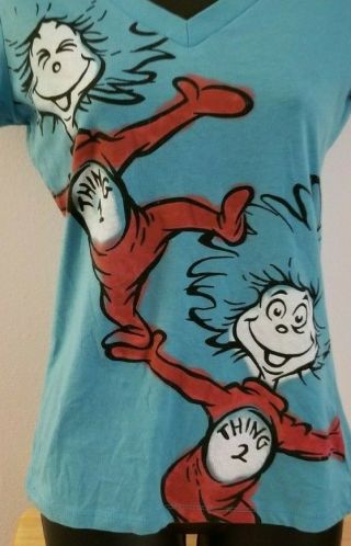 Thing 1 Thing 2 Vintage Dr.  Seuss V - Neck Tee Shirt Size Xsmall