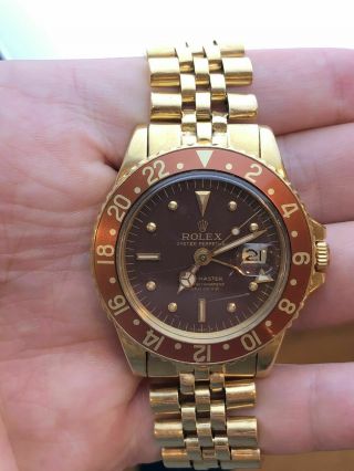 Rolex Watch Vintage Gmt - Master 1675 18k Yellow Gold Root Beer Brown Nipple Dial