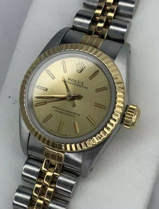 Vintage 1990 Ladies Rolex Oyster Perpetual 67193 18k Gold Stainless Steel Watch