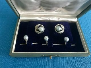 Vintage Silver And Gray Pearl Cufflinks And Tuxedo Shirt Studs