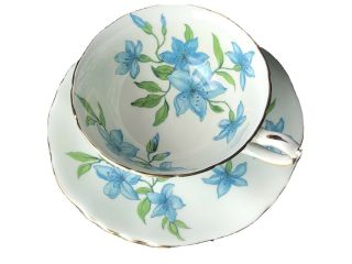 Hammersley Bone China Teacup Saucer Blue Floral Euc