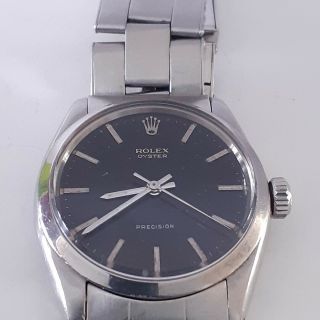 Rolex Oyster Precision Steel 34 Mm 6426 Refinished Black Gilt Dial Watch 1966