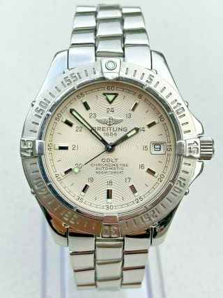 Breitling Stainless Steel Colt 38 Mm White Dial Automatic Dive Watch A17350