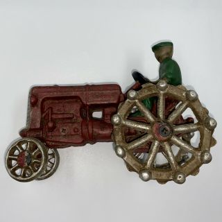 Vintage Cast Iron Tractor With Farmer/driver Red Silver Green Antique Toy