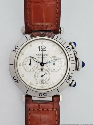 Cartier Stainless Steel Pasha Automatic Chronograph Leather Strap Mens Watch