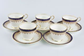 Ansley Set Of 5 Teacup & Saucer Leighton Cobalt Pattern Rare Signed Porcelain