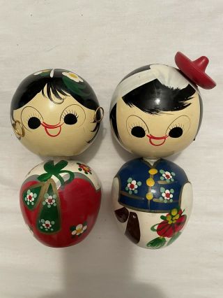 Vintage Korean Wooden Folk Art Hand Painted Bobbleheads Nodder Dolls