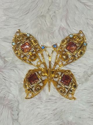 Vintage Avon Enamel Rhinestone Faux Pearl Butterfly 2.  25 " Brooch Pin