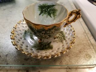 Vintage Napco Hand Painted 3 Footed Porcelain Tea Cup With Saucer Laced
