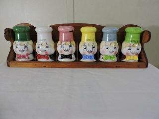 Vintage Chefs Ceramic Spice Rack Jar Set W/ Wood Rack 6 Spice Chefs Japan