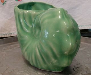 Vintage Fredericksburg Art Pottery Co.  Mid Century Green Nautilus Shell Planter 2
