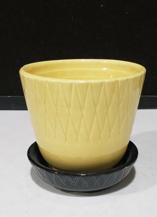 Vintage Shawnee Pottery 4 " Yellow And Black Planter With Saucer 484