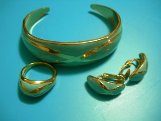 Vintage Blue/gold Enamel 3 - Piece Jewelry Set Ring 8 1/2,  Clip Earrings,  Bracelet