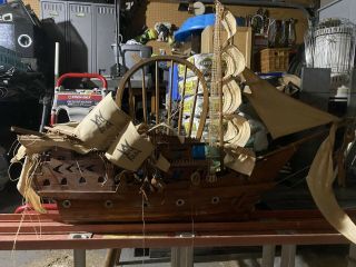 Antique Folk Art Wooden Hand Made Ship With Sails