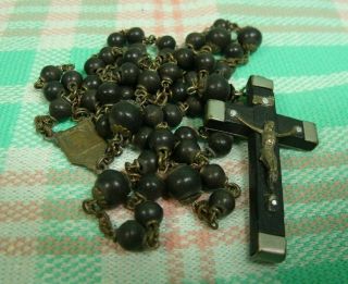 Antique Catholic Black Bakelite With Wood & Brass Crucifix Rosary