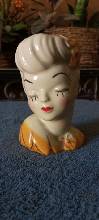 Vintage Glamour Girl Usa Lady Head Vase Gold Highlights 5 "