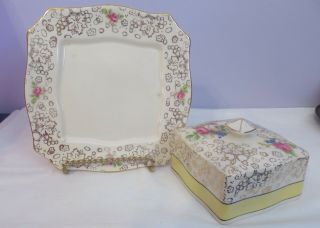 Vintage H.  & K.  Tunstall Covered Butter Cheese Dish Floral Pattern Gold Chintz