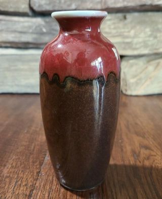 Hosley Tm Potteries Vintage Art Ceramic Bud Vase Drip Glaze Red Brown 6 Inch
