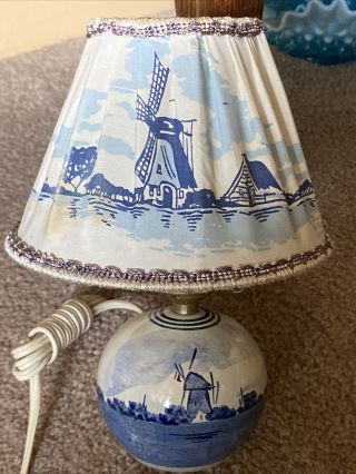 Dutch Vintage Delft Made In Holland Windmill Blue Table Lamp Light Silk Shade