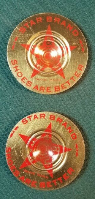 2 Antique Star Brand Shoes Advertising Spinning Tin Tops Token Red Star Promo