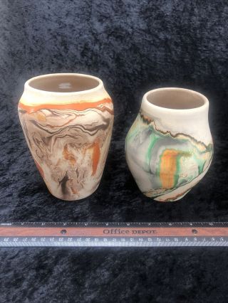 2 Vintage Nemadji Usa Pottery Vases Swirl Patterns 6 " & 5.  5 "