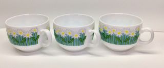 Vtg Arcopal France Retro Daisy Flower Milk Glass Tea Cups Coffee Mugs Set Of 3