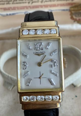 Vintage 14k Solid Gold Longines Mens Wristwatch W/ Large Channel Diamond Lugs