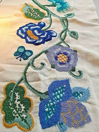 Decorative Vintage Hand Raised Embroidered Tapestry Panel Vibrant Blue Flowers