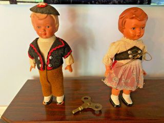 Vintage Swiss German Boy And Girl Miniature Dolls.  Plastic 6.  5 " Tall.