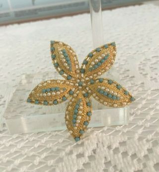 Vintage Sarah Coventry Starfish Brooch Faux Pearl & Turquoise Seed Bead Signed