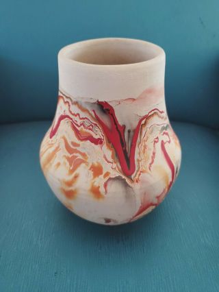 Nemadji Pottery Vase,  Shades Of Red,  Orange,  Gold.  6 1/2 " Tall,  Vintage.  Usa