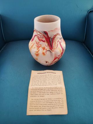 Nemadji Pottery Vase,  Shades of Red,  Orange,  Gold.  6 1/2 