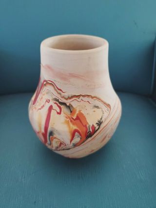 Nemadji Pottery Vase,  Shades of Red,  Orange,  Gold.  6 1/2 