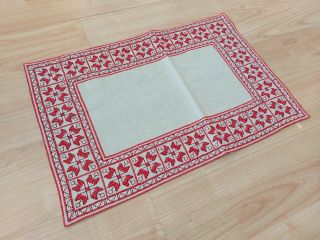 Antique Gorgeous Vintage Linen Tablecloth Handmade Embroidery Folk Art 18.  5 " X12 "