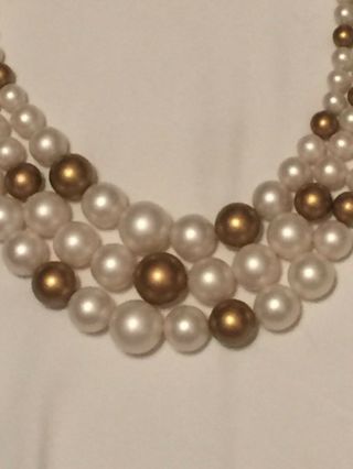 Vtg Huge Runway Triple Strand Faux Pearl And Gold Bead Layered Necklace