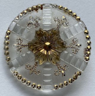 Antique Vintage Large Lacy Clear Glass Button With Gold Luster Flower Design
