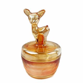 Vtg Jeanette Peach Lusterware Glass Deer Fawn Lidded Dish Mid Century 6” Tall