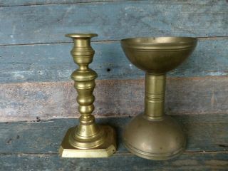 Antique Primitive 7.  5 In.  Brass 19th C Push - Up Candle Stick With Another Holder