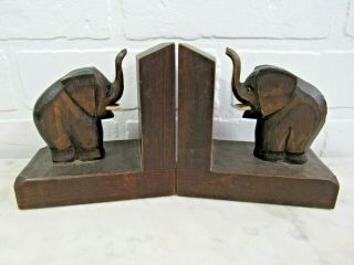 Antique Vintage Wood Carved Elephant Bookends With Tusks Glass Eyes