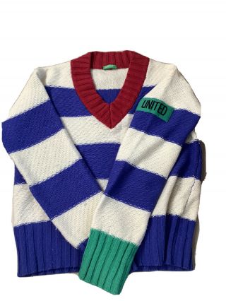 Vintage United Colors Of Benetton Ladies Striped Classic Retro Sweater V Neck S